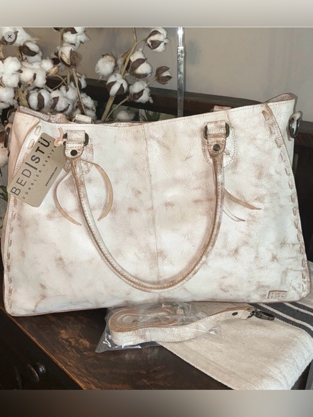 BED|STU Rockaway  Cream & Tan Tie-Dye Leather Tote with Top Handles - Picture 3 of 16